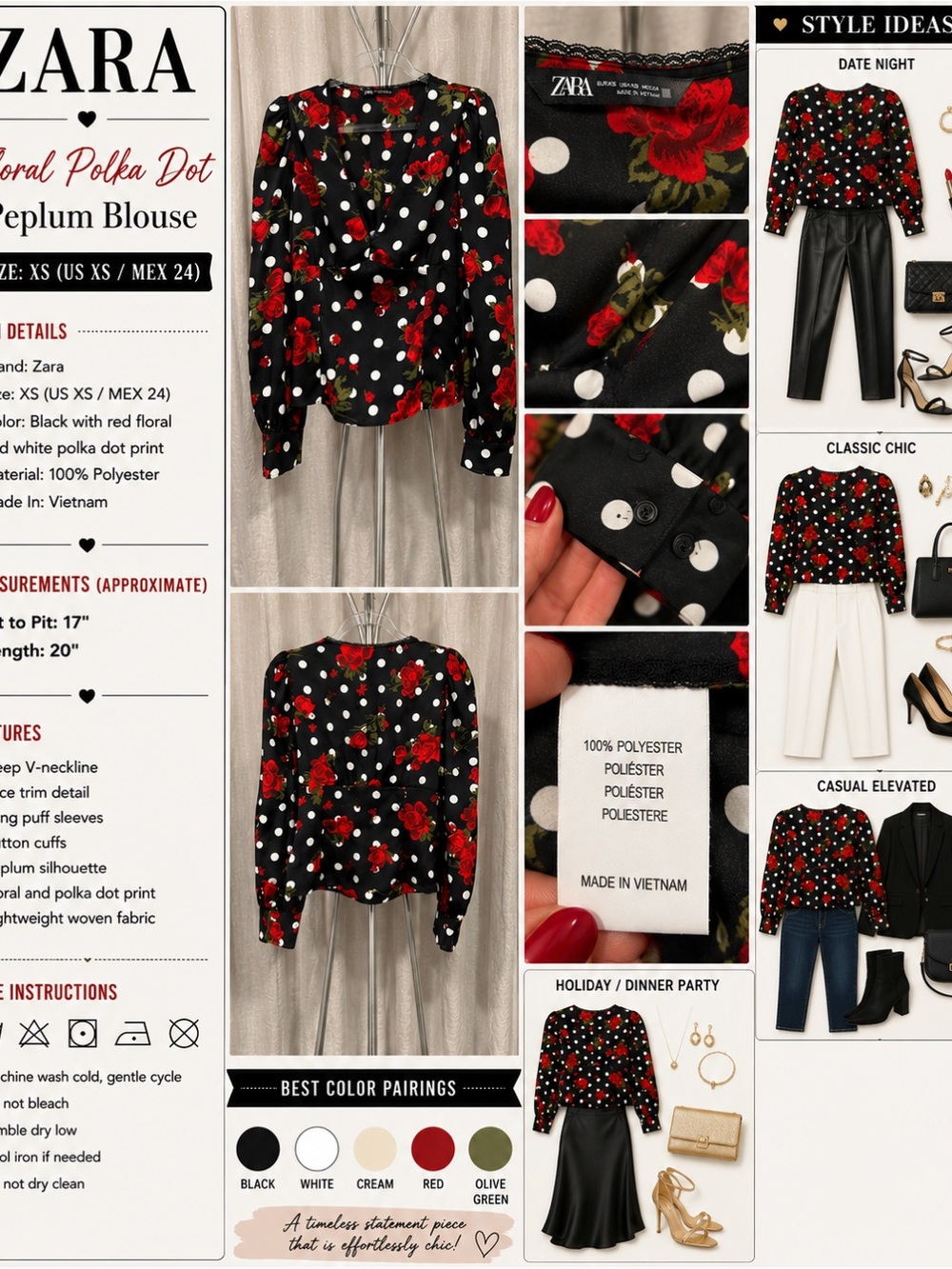 Zara Black Blouse with Red Floral and White Polka Dots